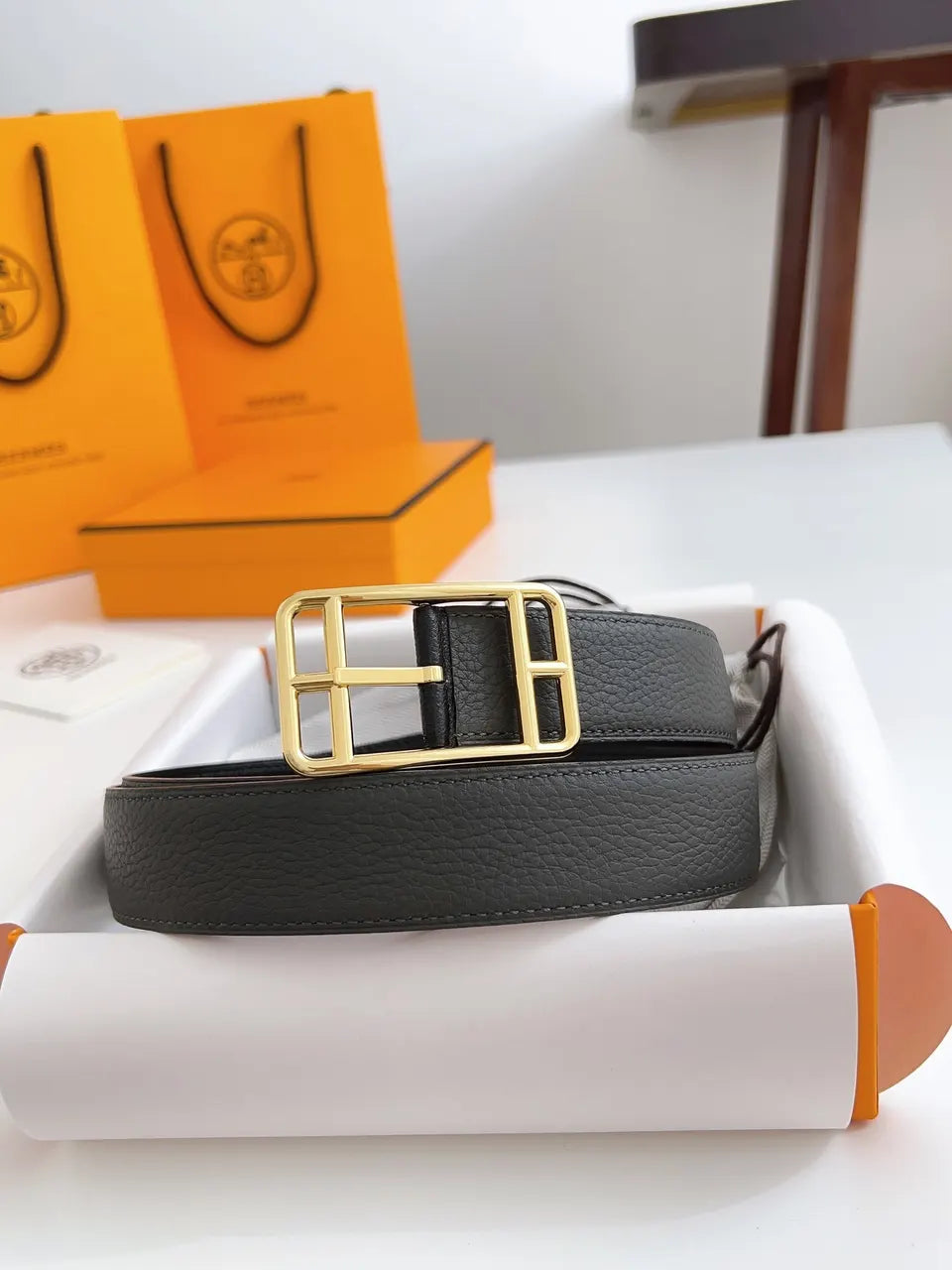gold Hermes Anthracite Leather Belt