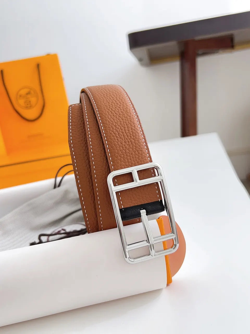 silver rectangular Hermes Tan Leather Belt - Hình 7