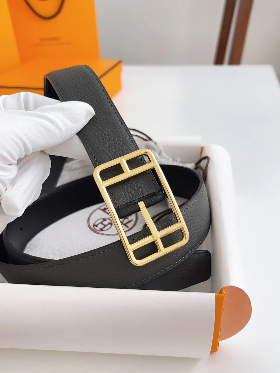 gold Hermes Anthracite Leather Belt - Hình 2