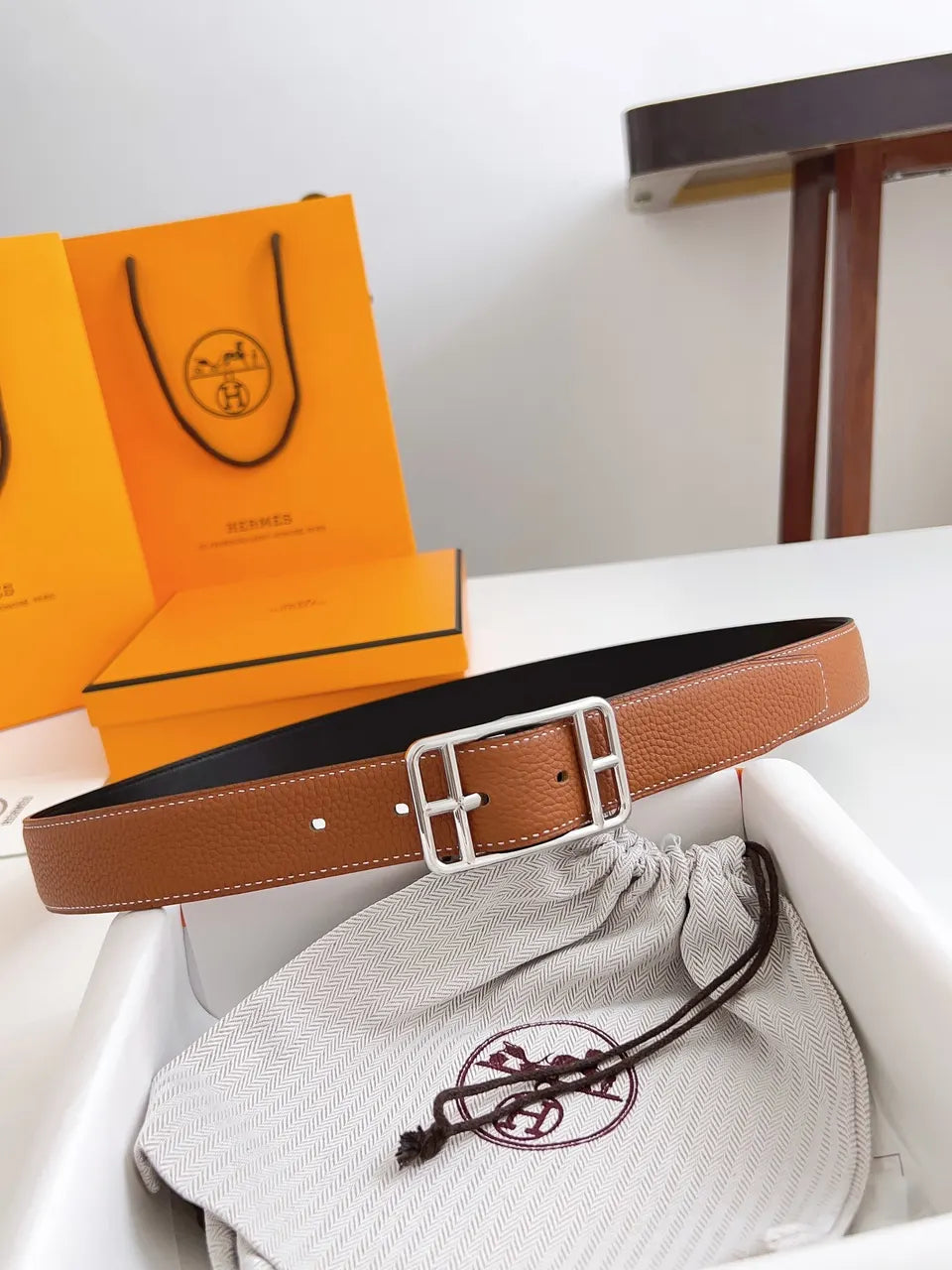 silver rectangular Hermes Tan Leather Belt - Hình 8