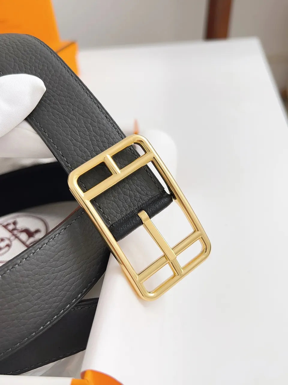 gold Hermes Anthracite Leather Belt - Hình 3