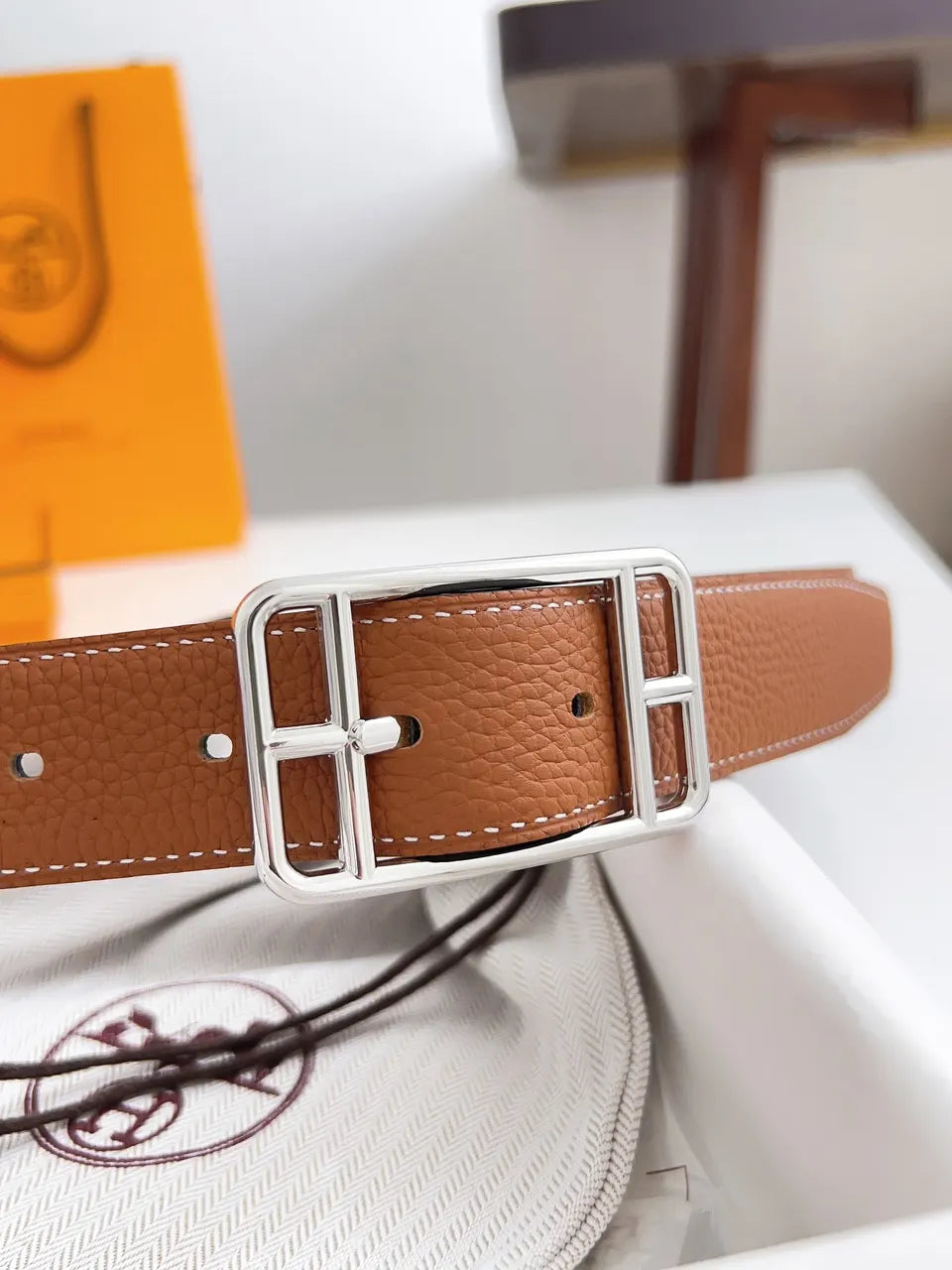 silver rectangular Hermes Tan Leather Belt - Hình 9