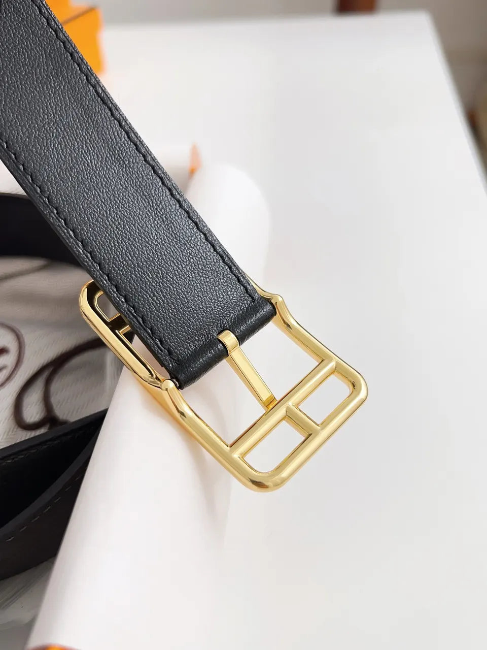 gold Hermes Anthracite Leather Belt - Hình 4