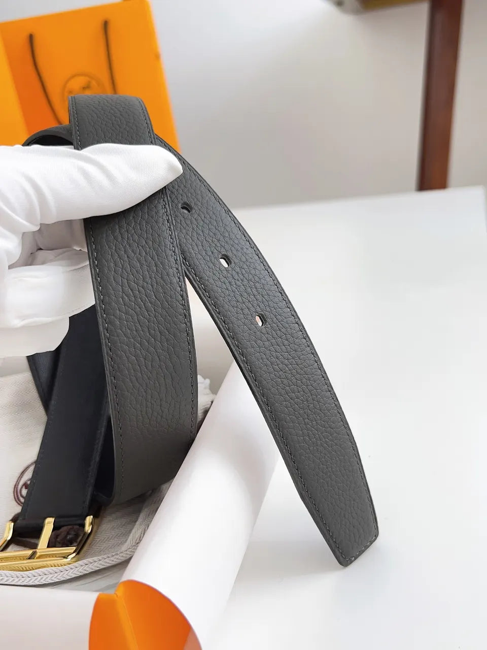 gold Hermes Anthracite Leather Belt - Hình 5