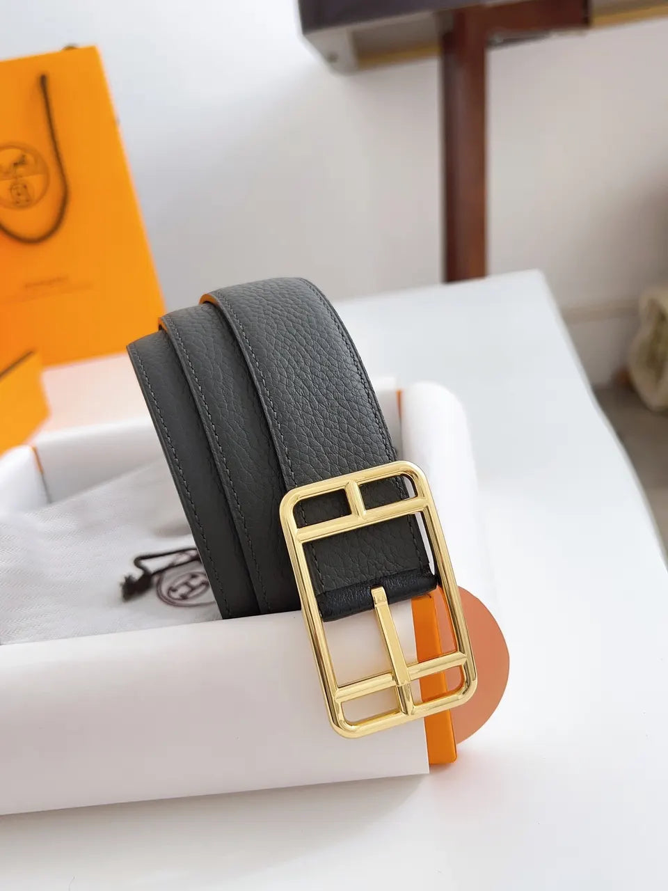 gold Hermes Anthracite Leather Belt - Hình 7