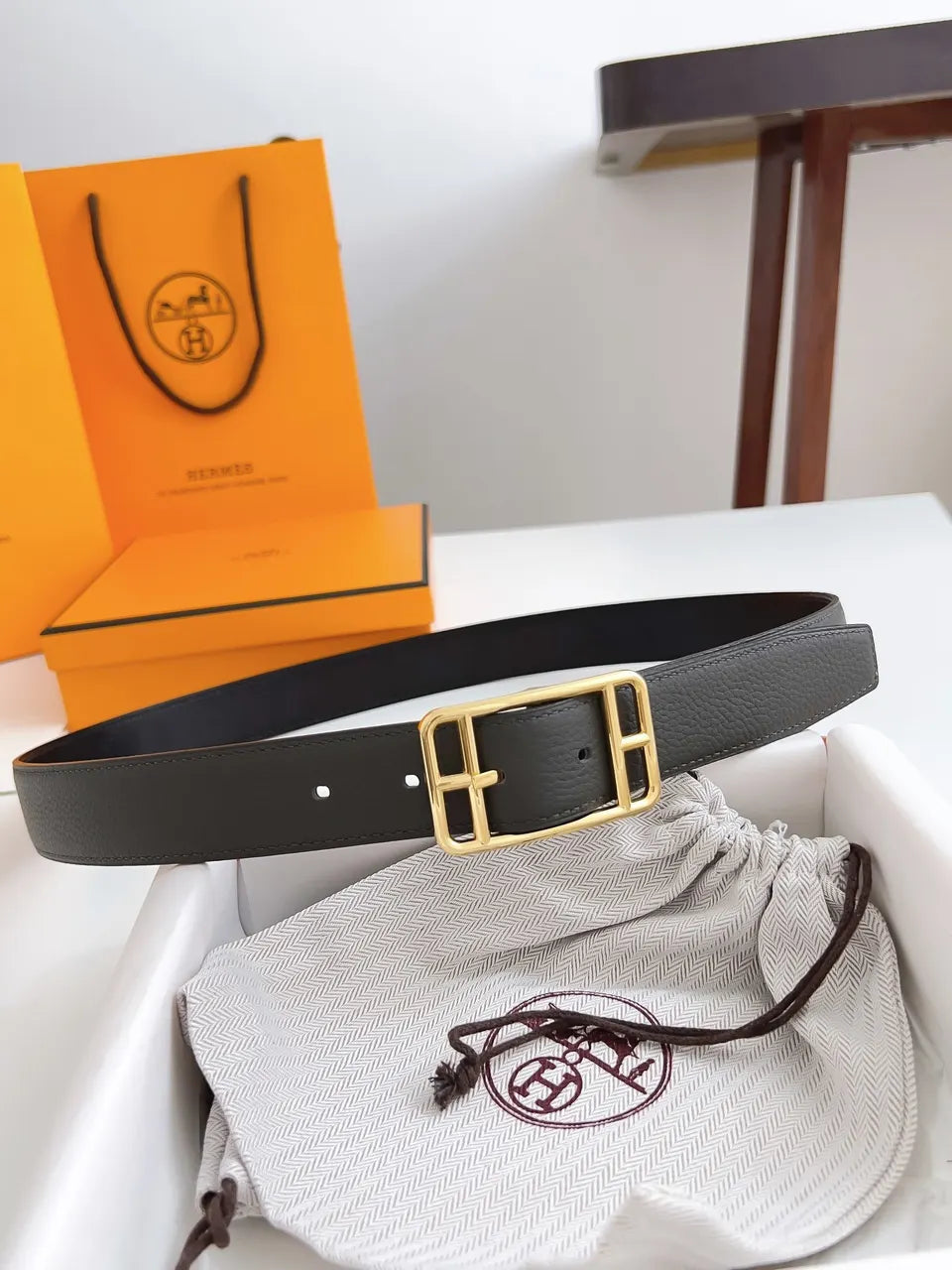 gold Hermes Anthracite Leather Belt - Hình 8