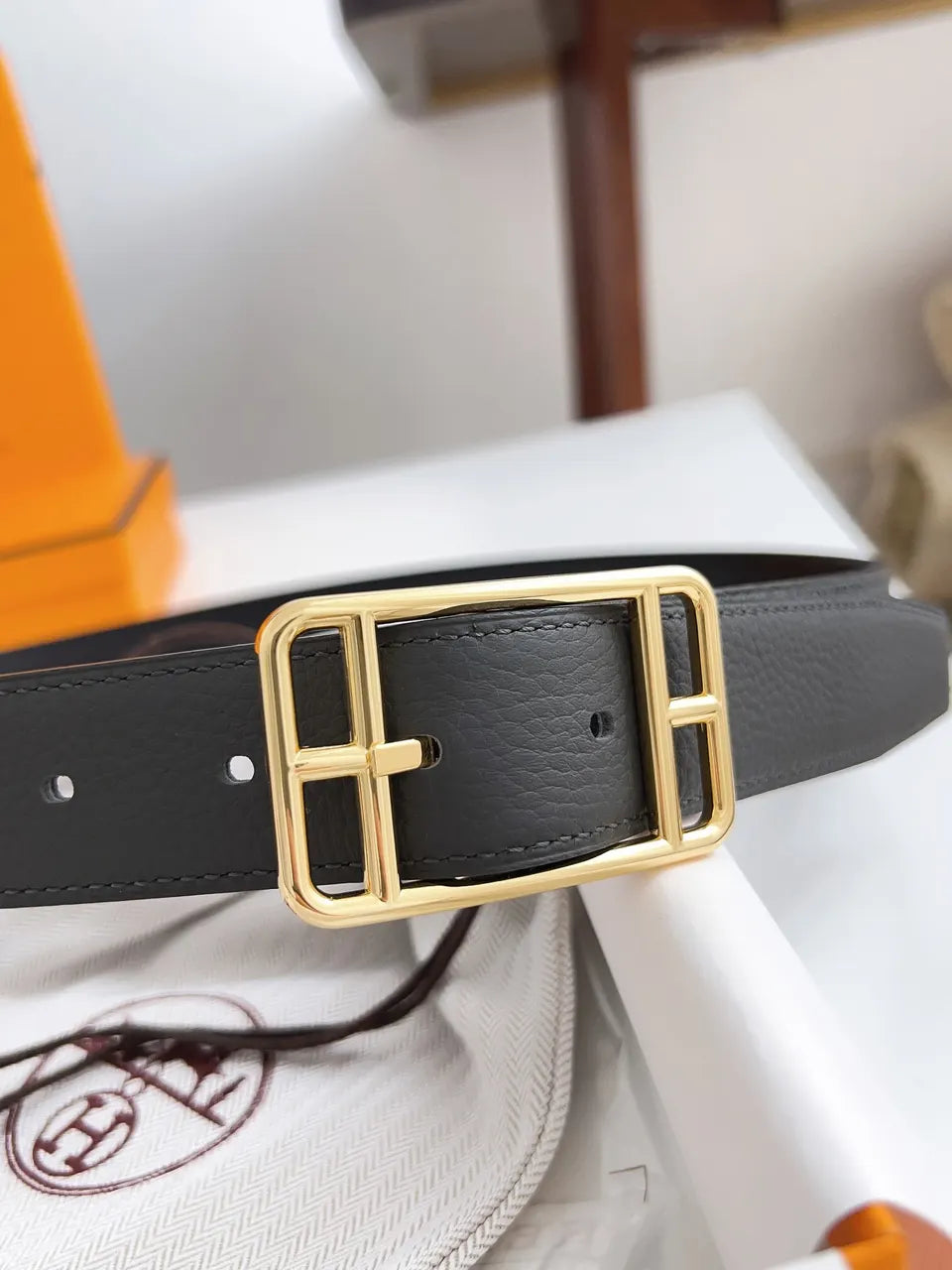 gold Hermes Anthracite Leather Belt - Hình 9