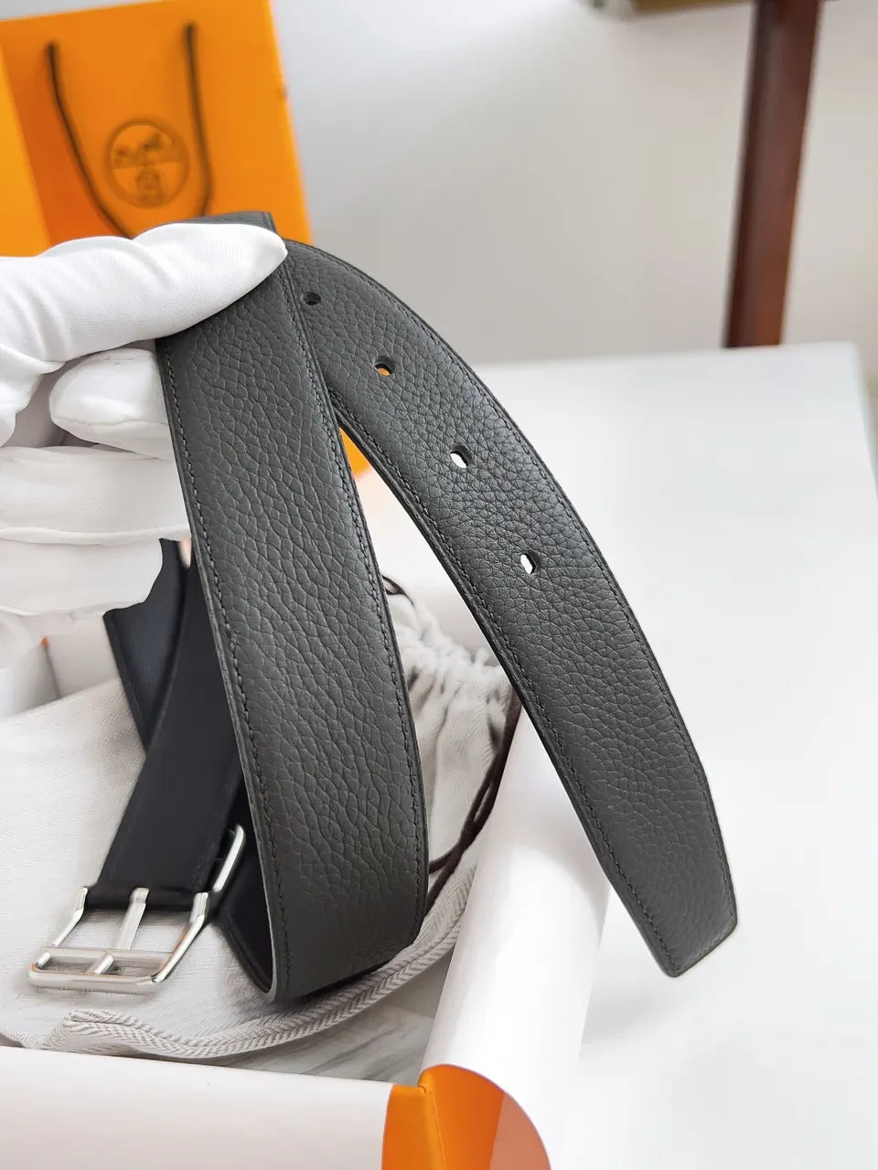 Hermes Graphite Grey Leather Belt - Hình 5