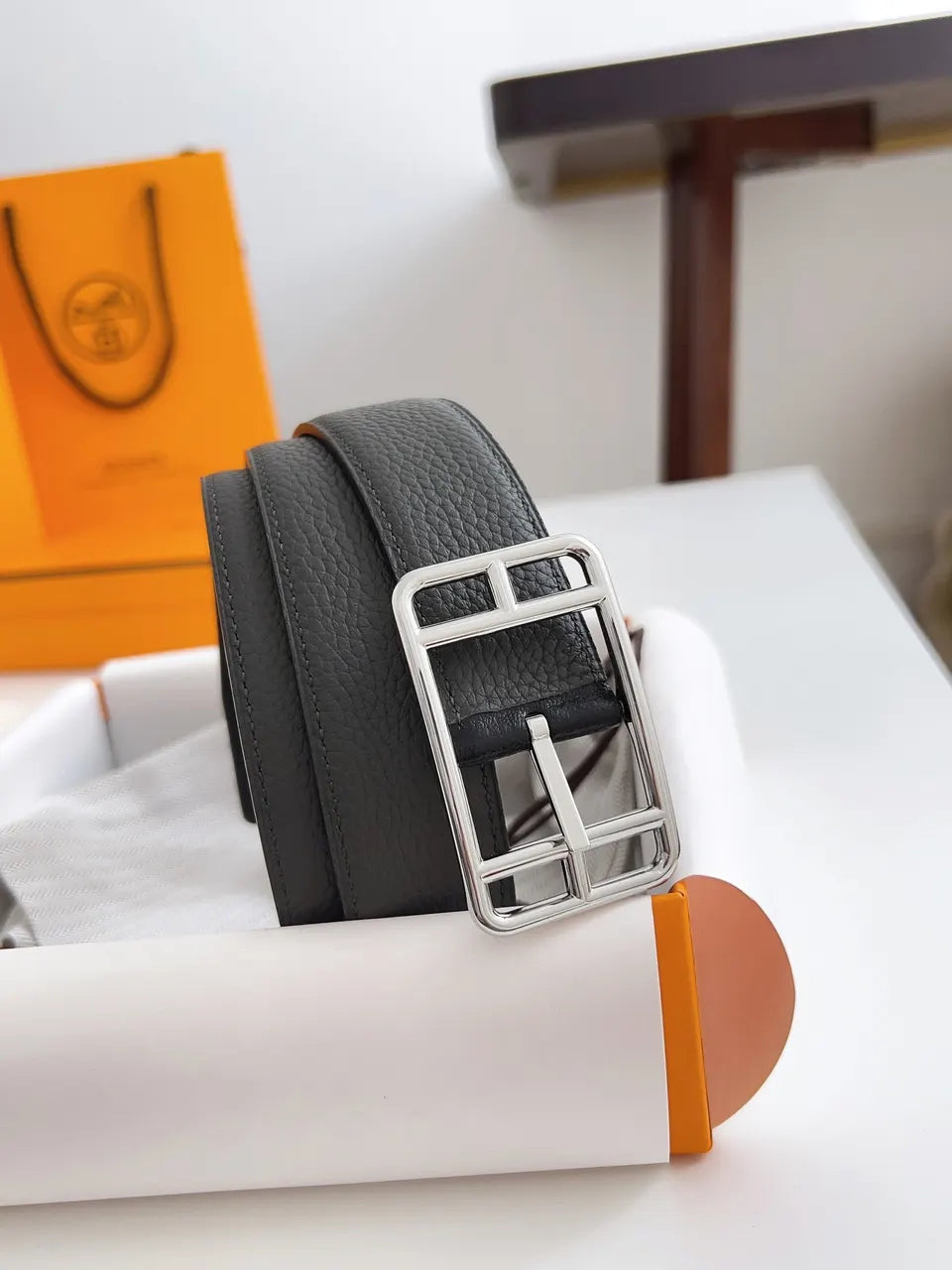 Hermes Graphite Grey Leather Belt - Hình 7
