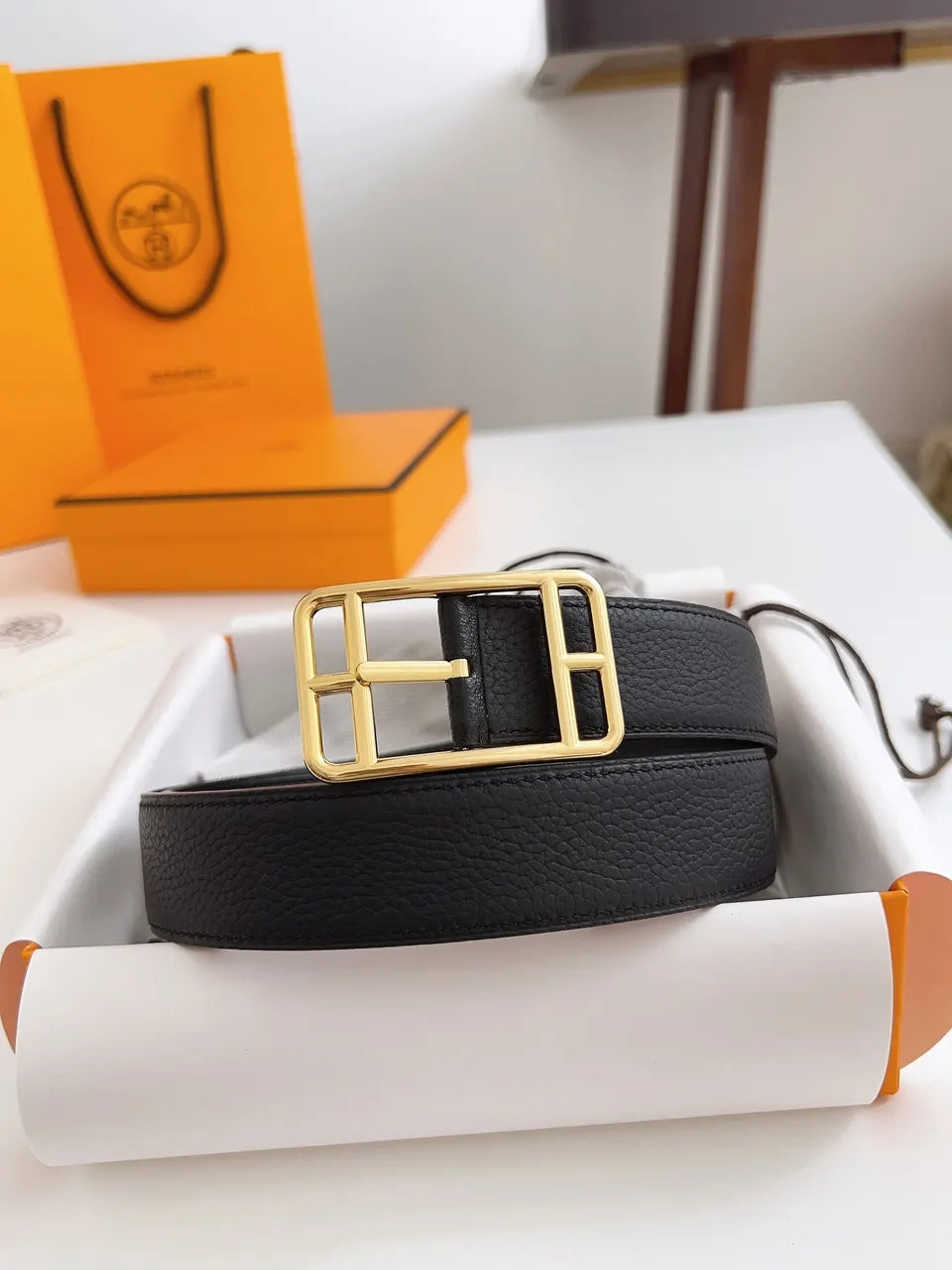 Hermes Black Leather Geometric Belt