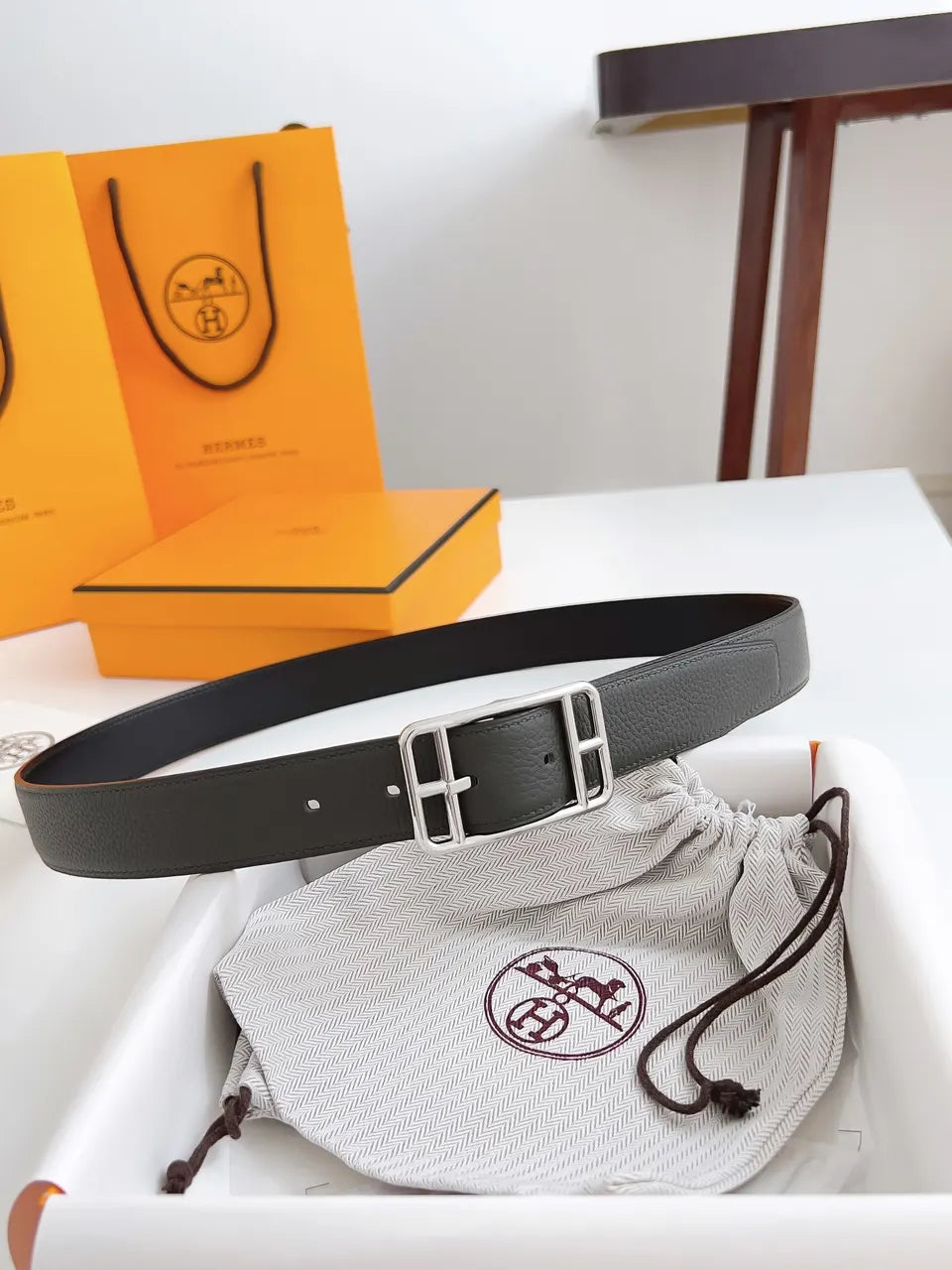 Hermes Graphite Grey Leather Belt - Hình 8
