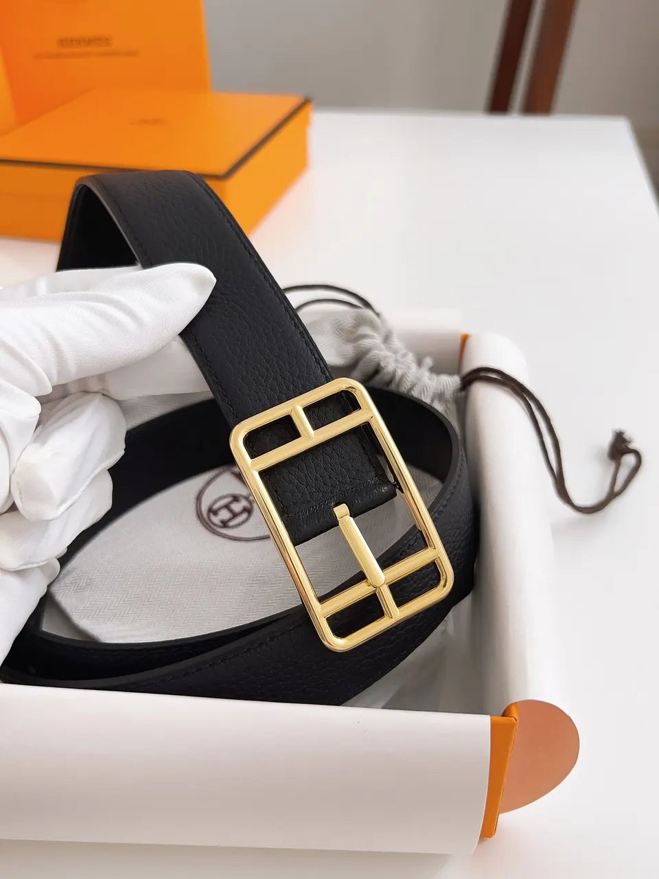 Hermes Black Leather Geometric Belt - Hình 2
