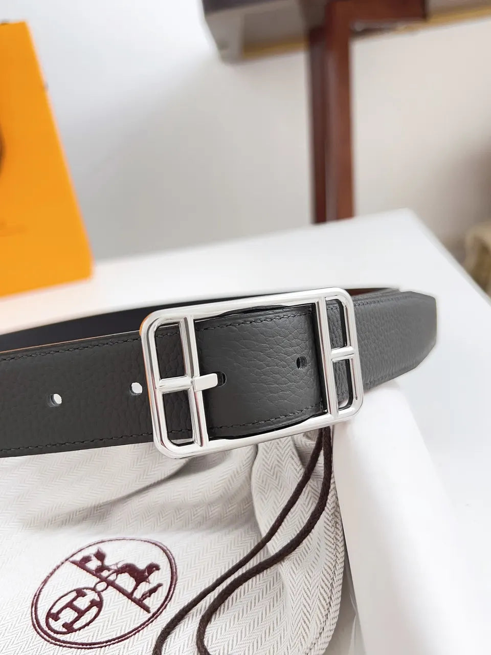 Hermes Graphite Grey Leather Belt - Hình 9