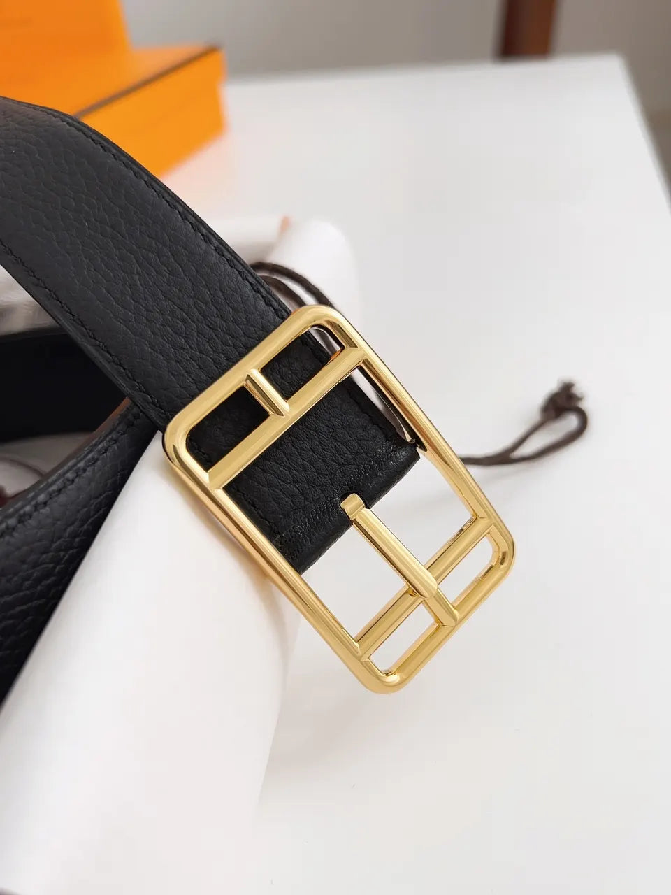 Hermes Black Leather Geometric Belt - Hình 3
