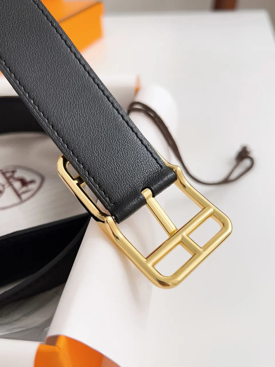 Hermes Black Leather Geometric Belt - Hình 4