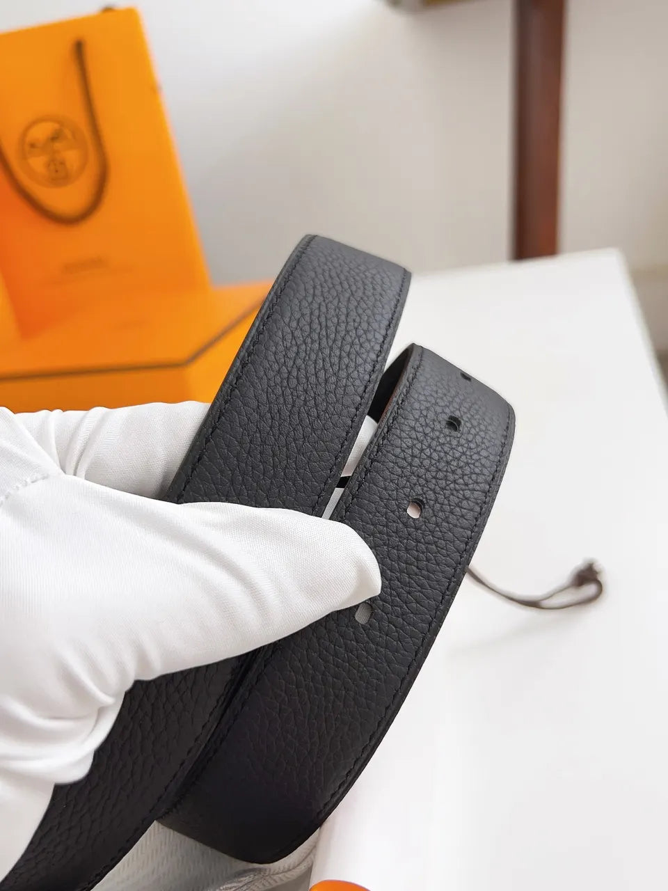 Hermes Black Leather Geometric Belt - Hình 5