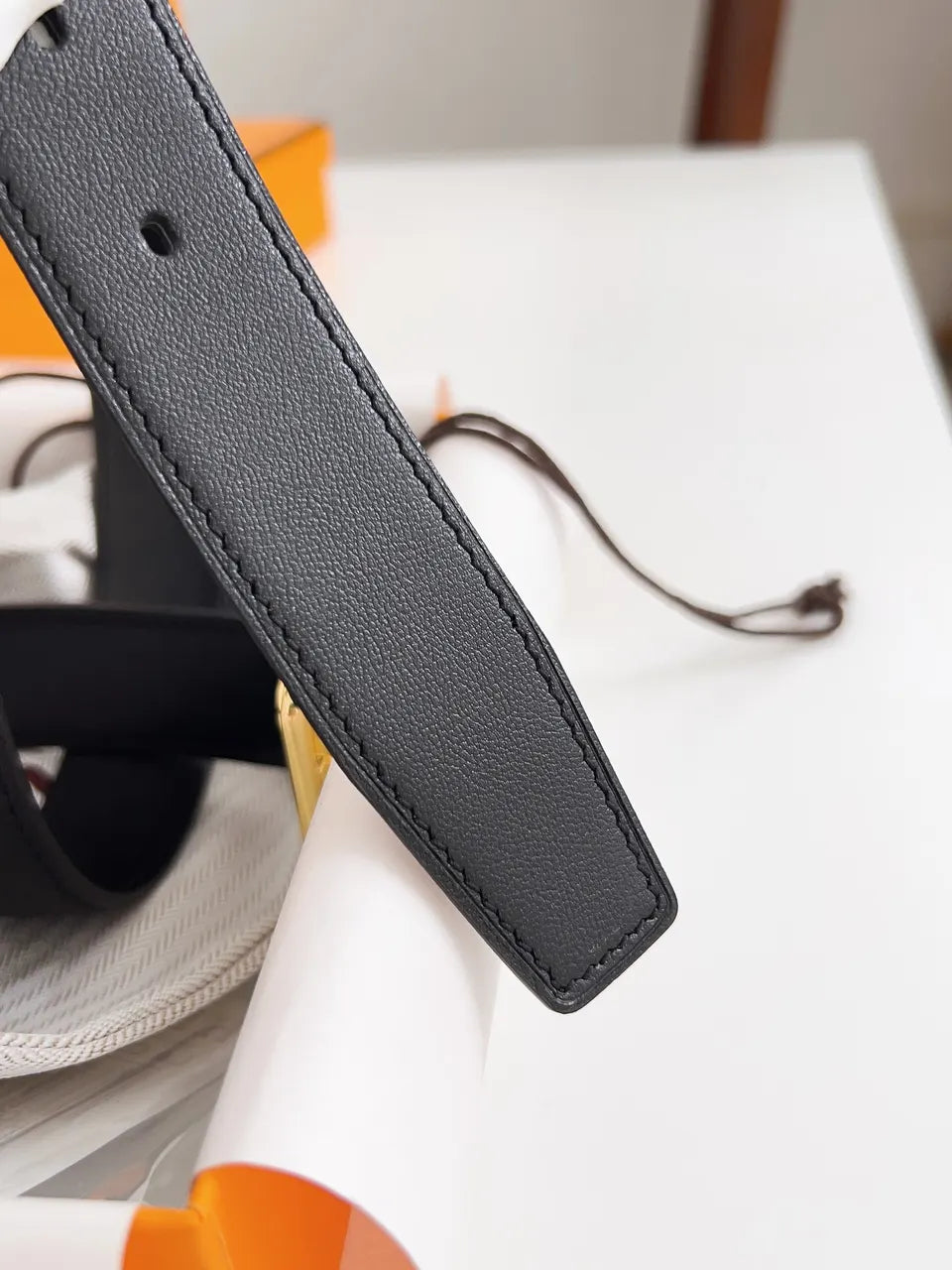 Hermes Black Leather Geometric Belt - Hình 6