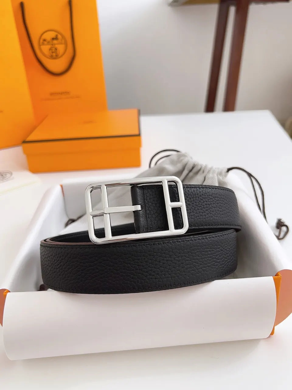 silver frame Hermes Black Grain Leather Belt