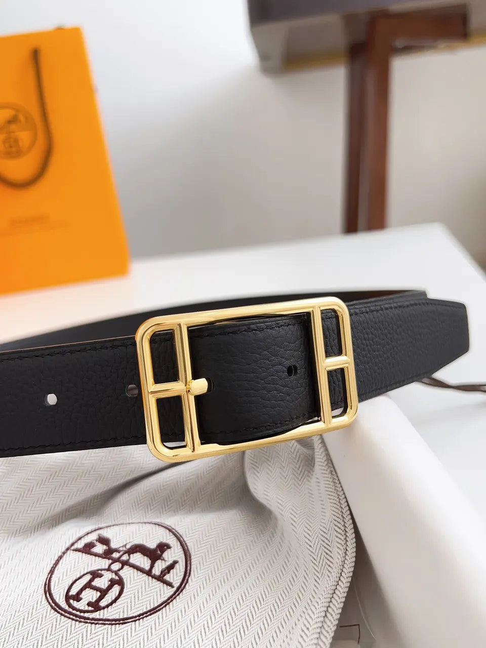 Hermes Black Leather Geometric Belt - Hình 9