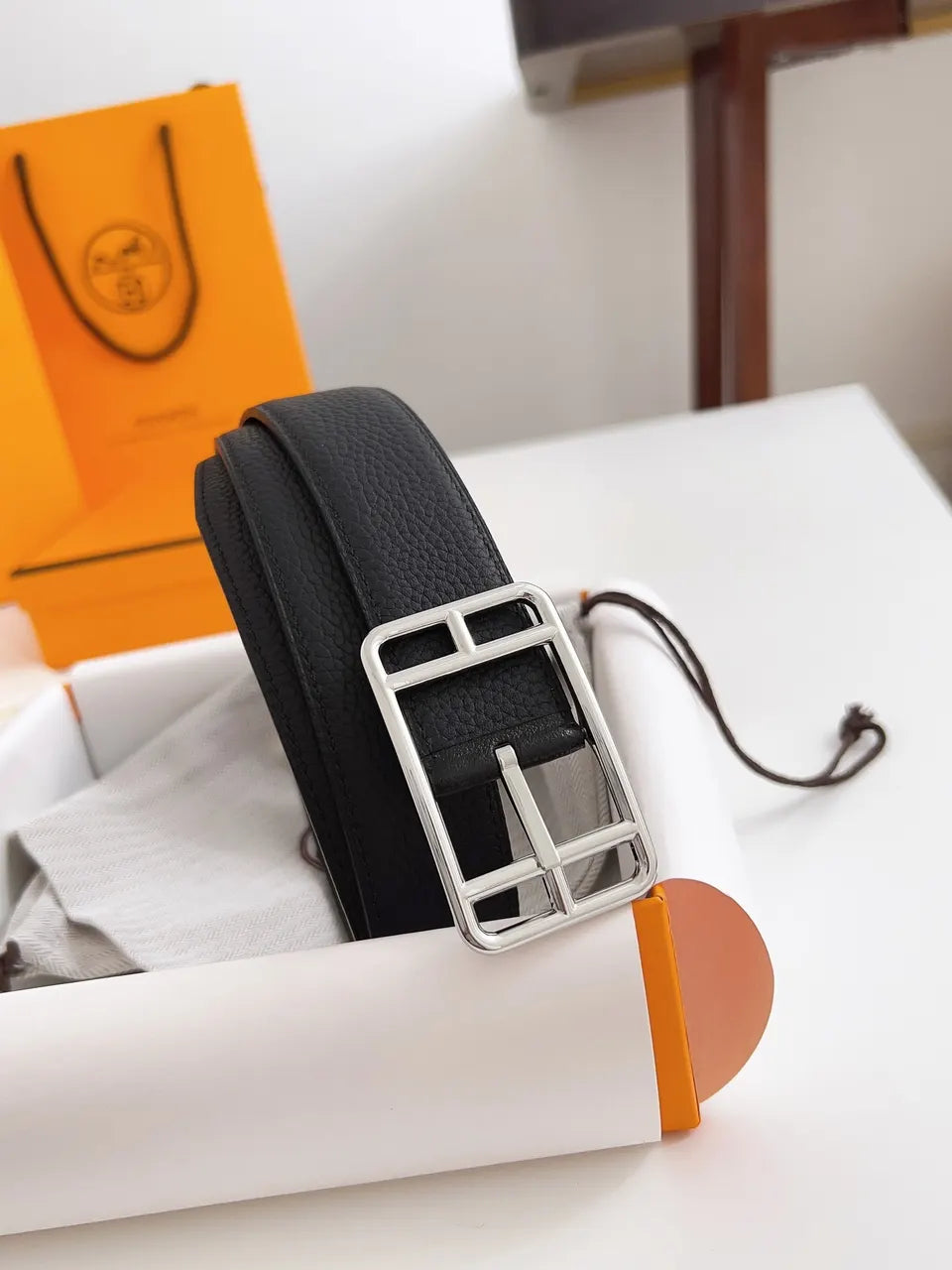 silver frame Hermes Black Grain Leather Belt - Hình 7