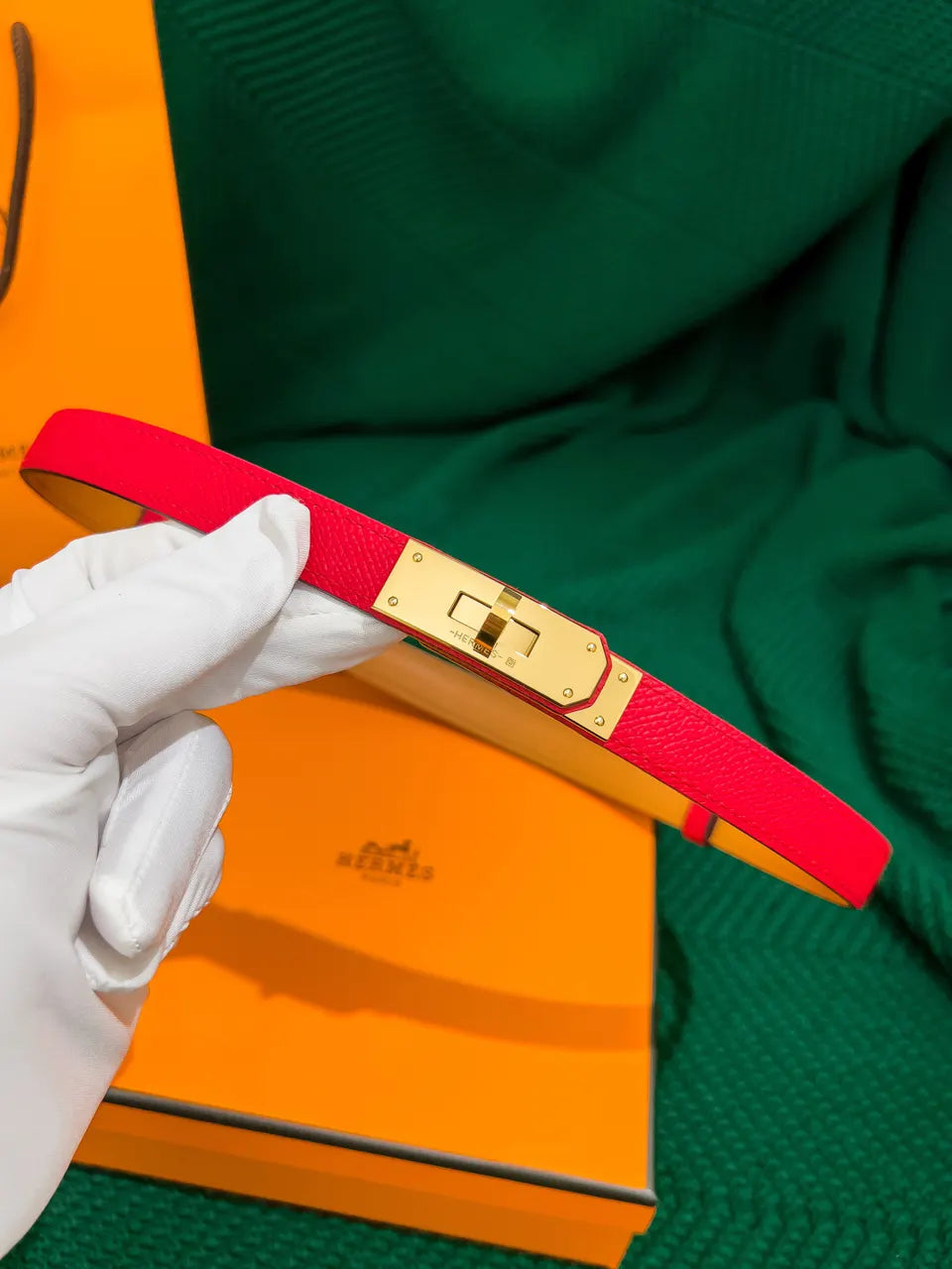 Hermes Red Leather Gold Buckle Belt