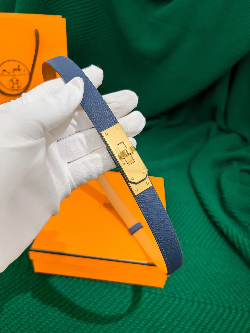 Hermes Blue Epsom Leather Belt - Hình 3