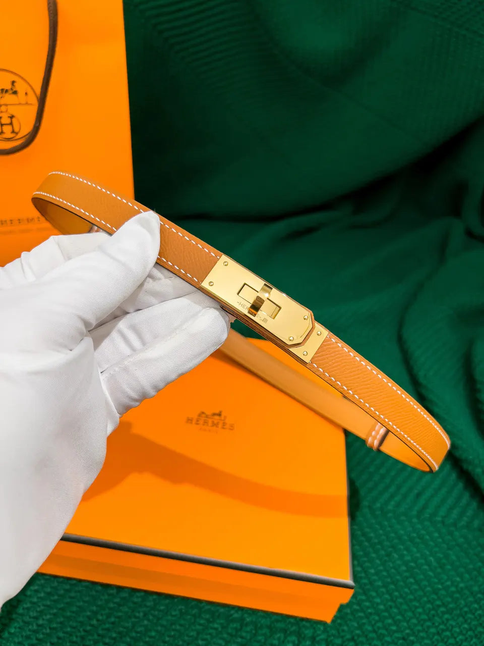 caramel Hermes Gold Kelly Buckle Belt