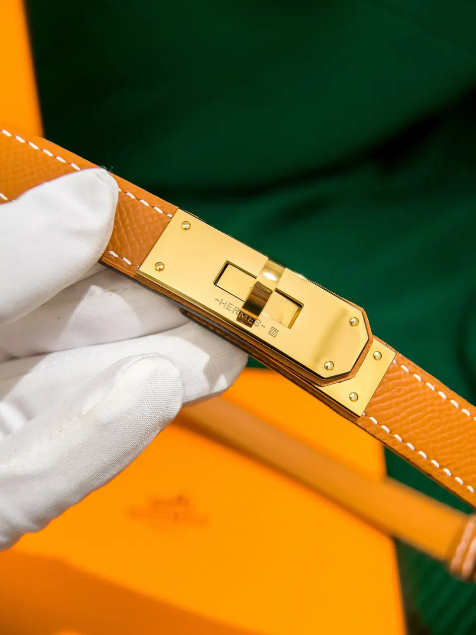 caramel Hermes Gold Kelly Buckle Belt - Hình 4