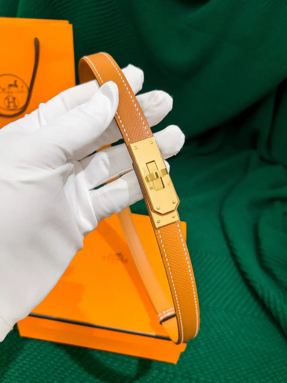caramel Hermes Gold Kelly Buckle Belt - Hình 5