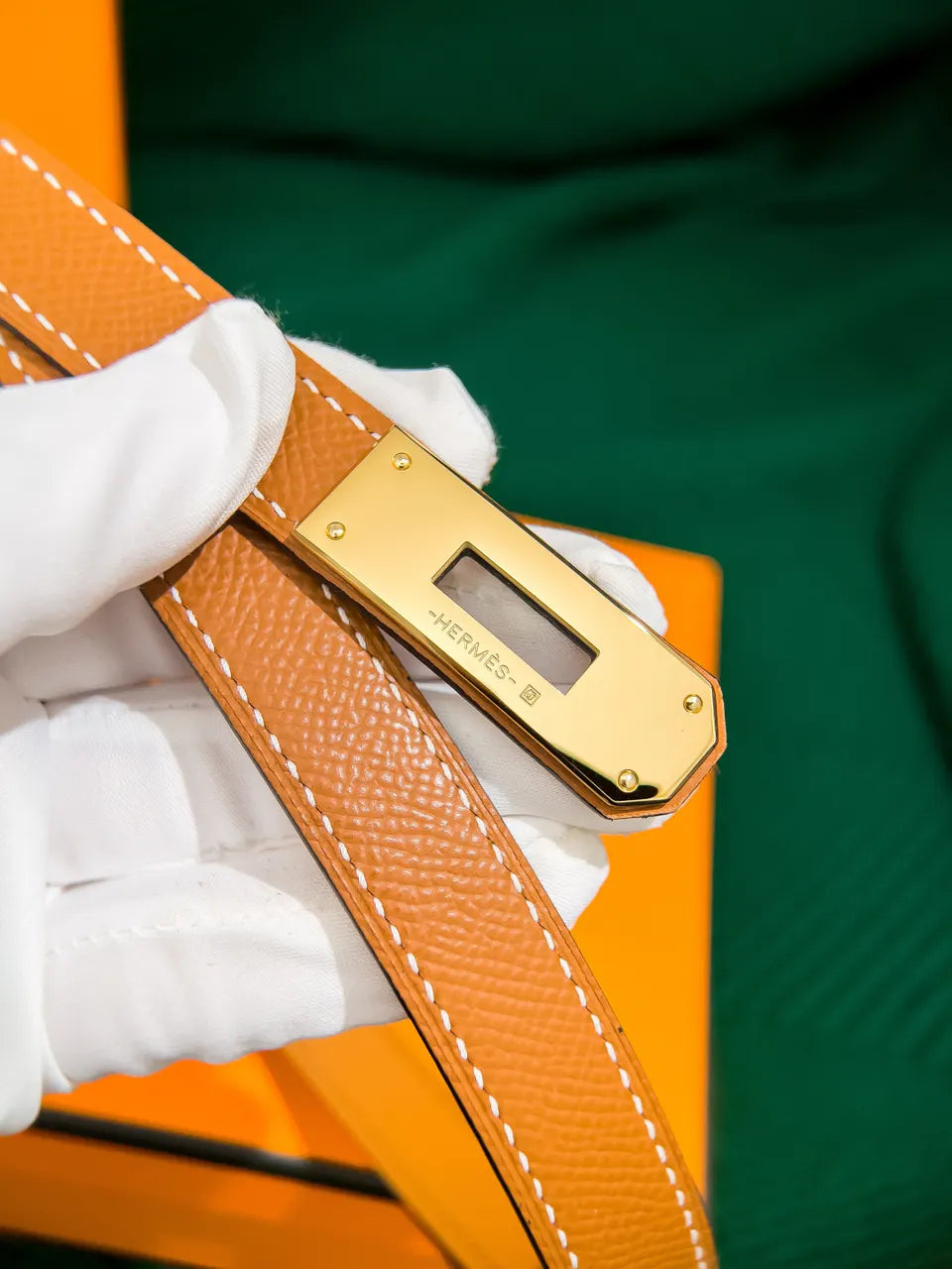 caramel Hermes Gold Kelly Buckle Belt - Hình 9