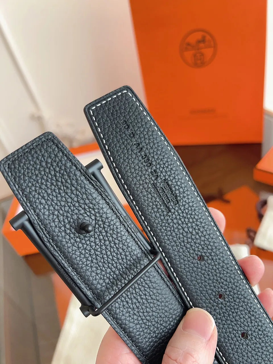 signature Hermes Matte Black Leather Belt - Hình 3