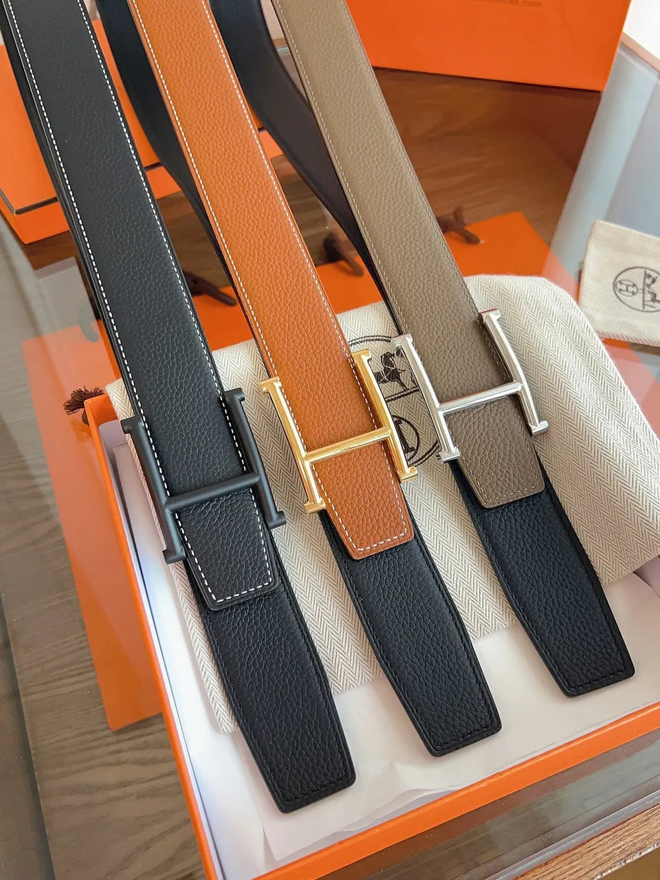 signature Hermes Matte Black Leather Belt - Hình 9