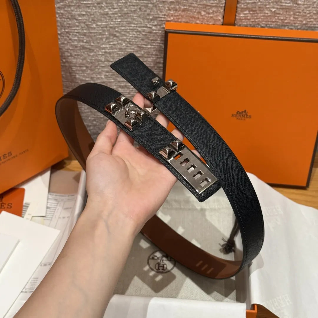 Hermes Black Leather Pyramid Studded Belt