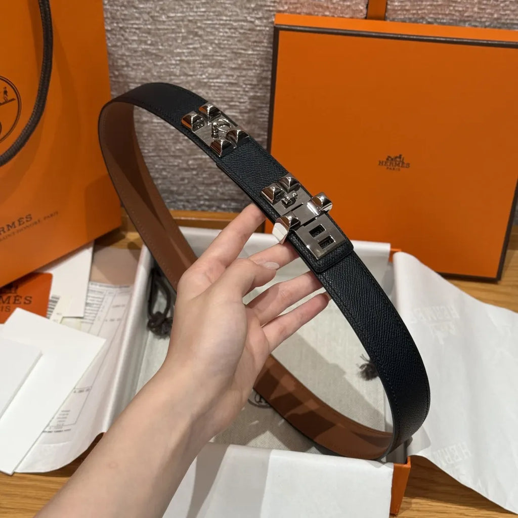 Hermes Black Leather Pyramid Studded Belt - Hình 2