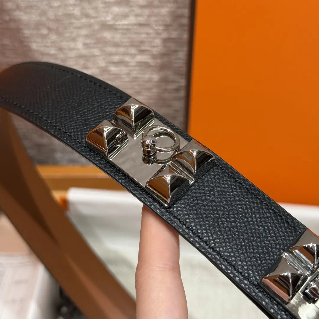 Hermes Black Leather Pyramid Studded Belt - Hình 6