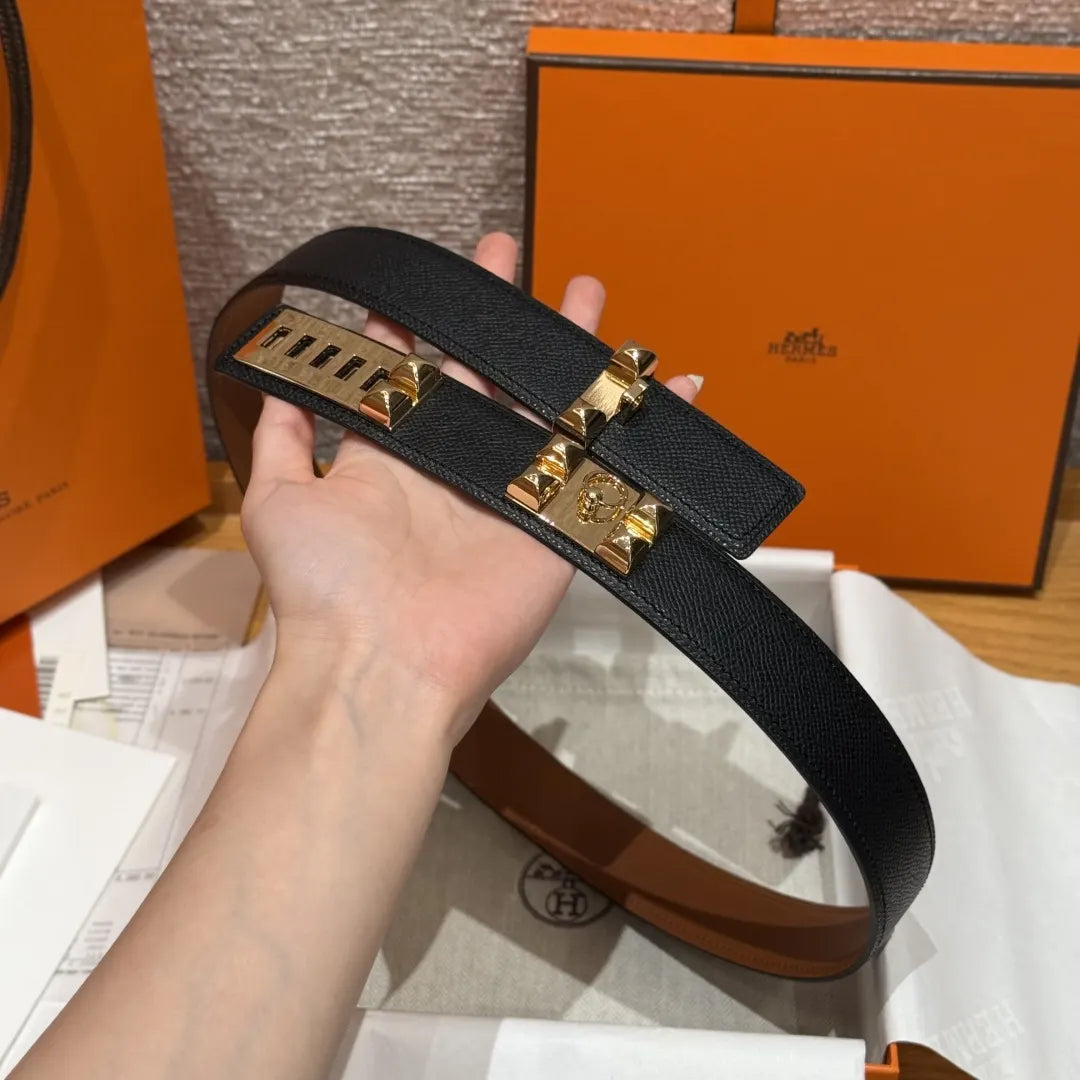 Hermes Black Grained Leather Belt gold