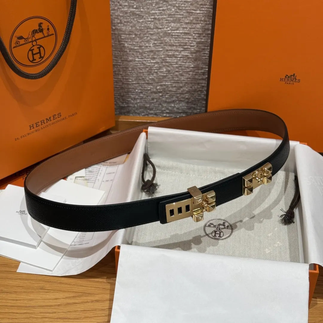 Hermes Black Grained Leather Belt gold - Hình 4