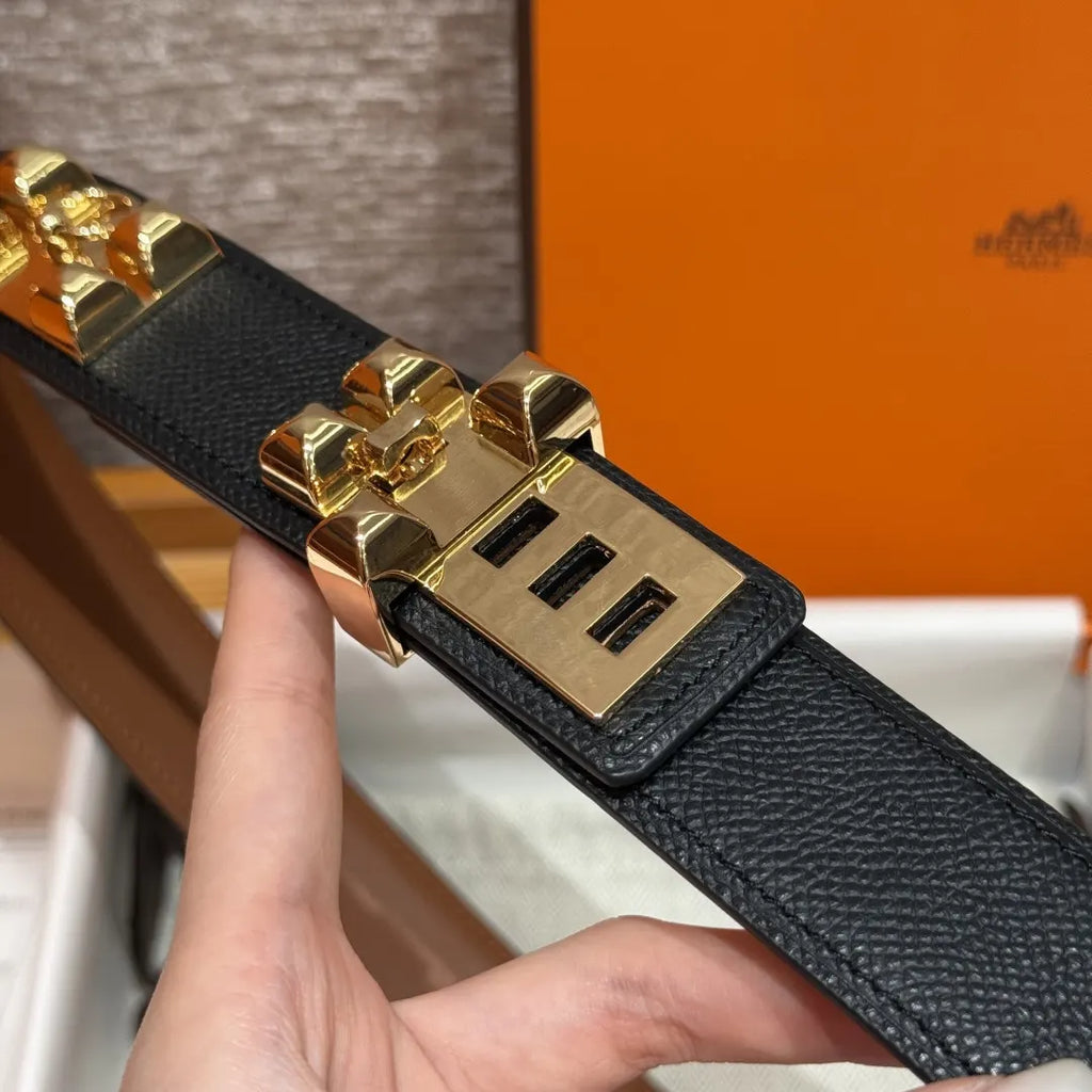 Hermes Black Grained Leather Belt gold - Hình 5