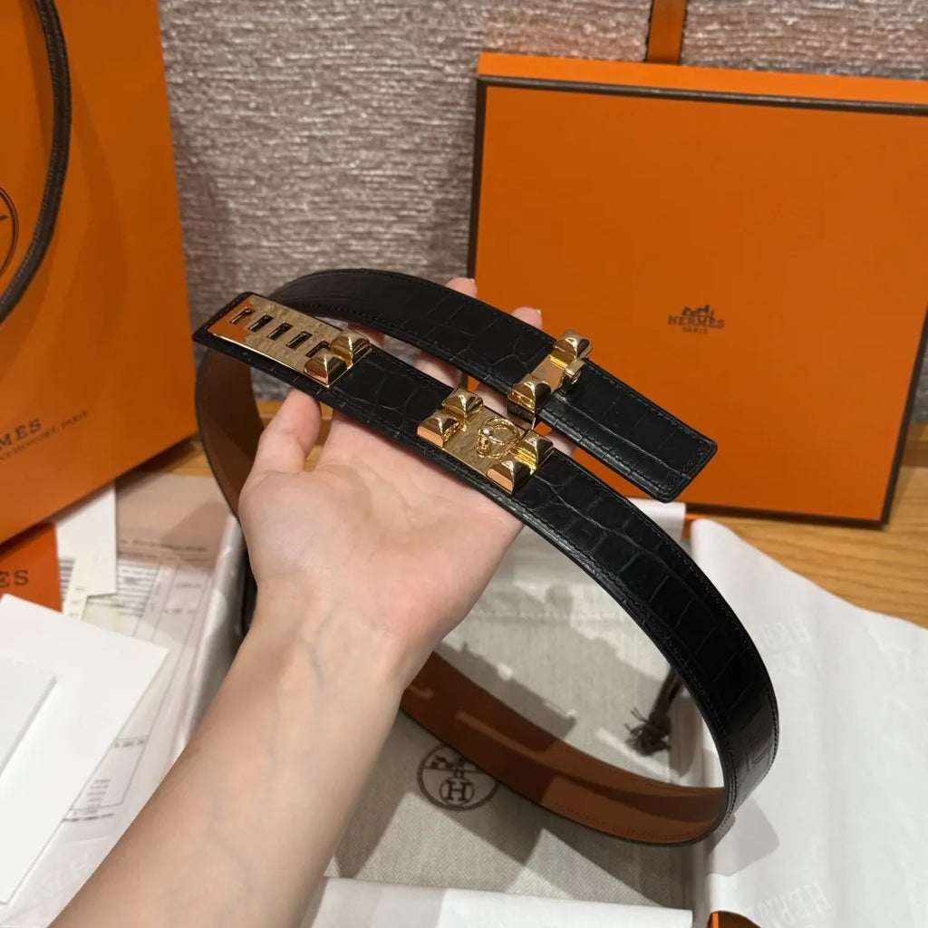 gold pyramid Hermes Black Alligator Belt