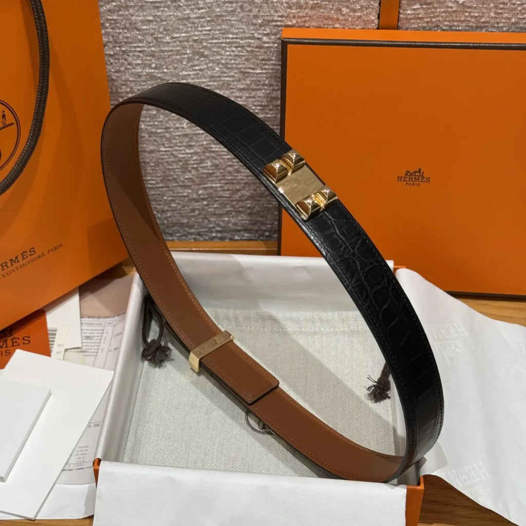 gold pyramid Hermes Black Alligator Belt - Hình 2