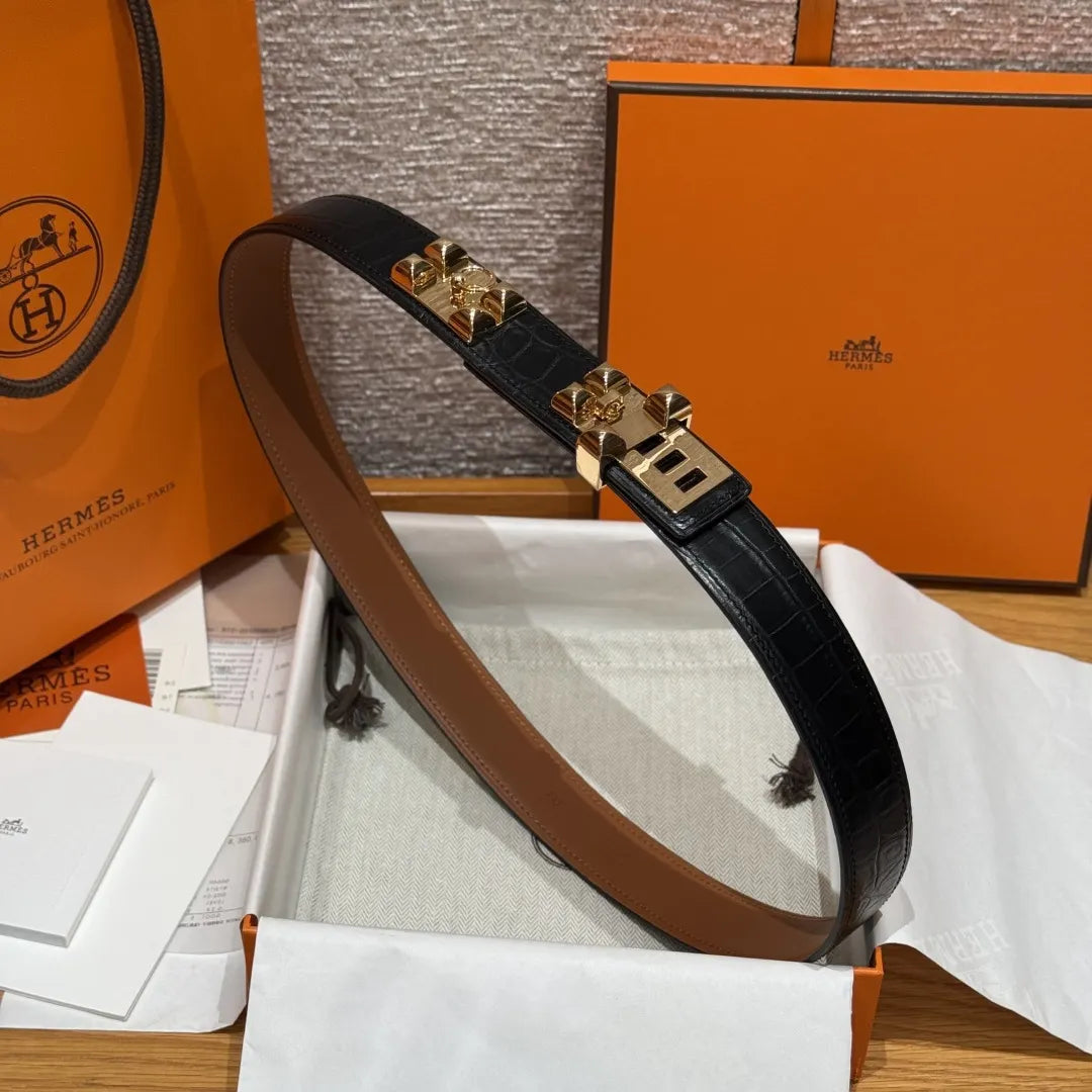 gold pyramid Hermes Black Alligator Belt - Hình 3