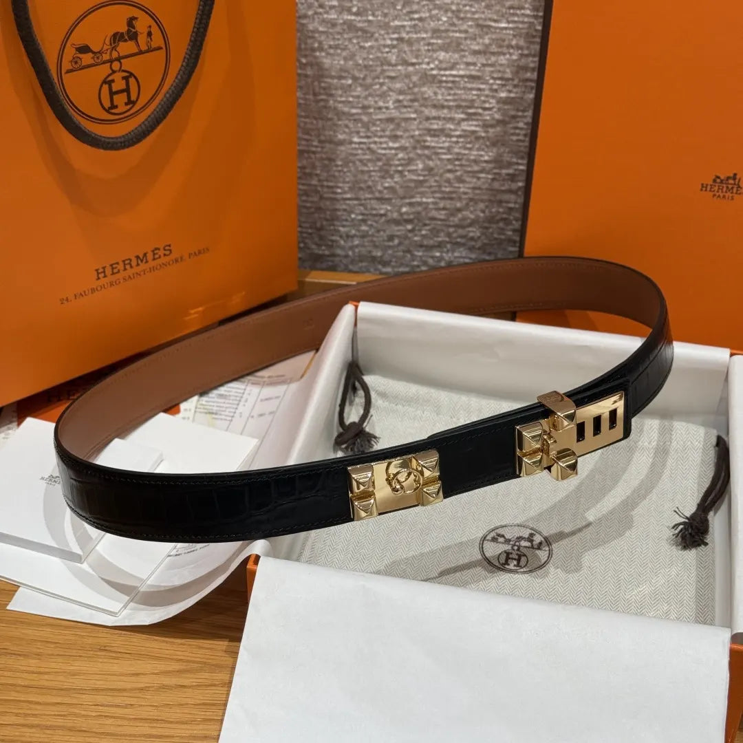 gold pyramid Hermes Black Alligator Belt - Hình 4