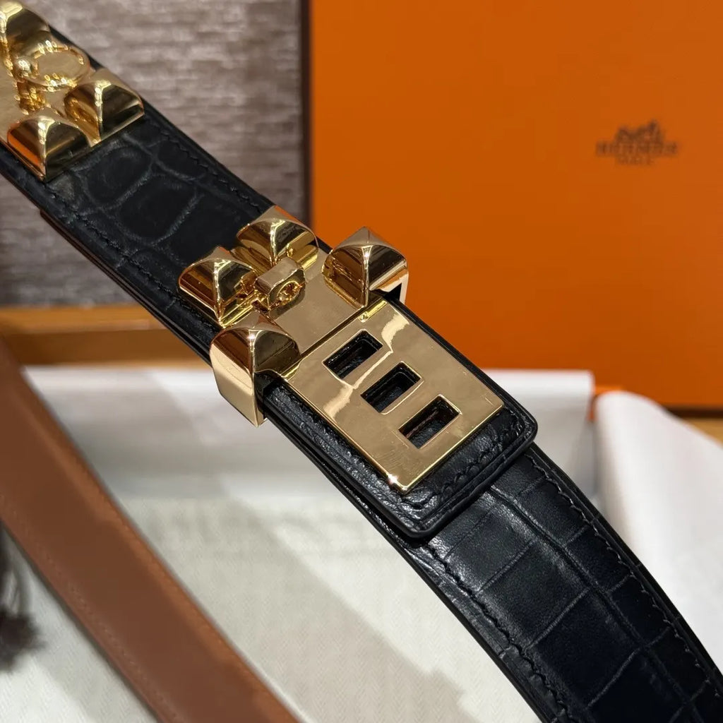 gold pyramid Hermes Black Alligator Belt - Hình 5