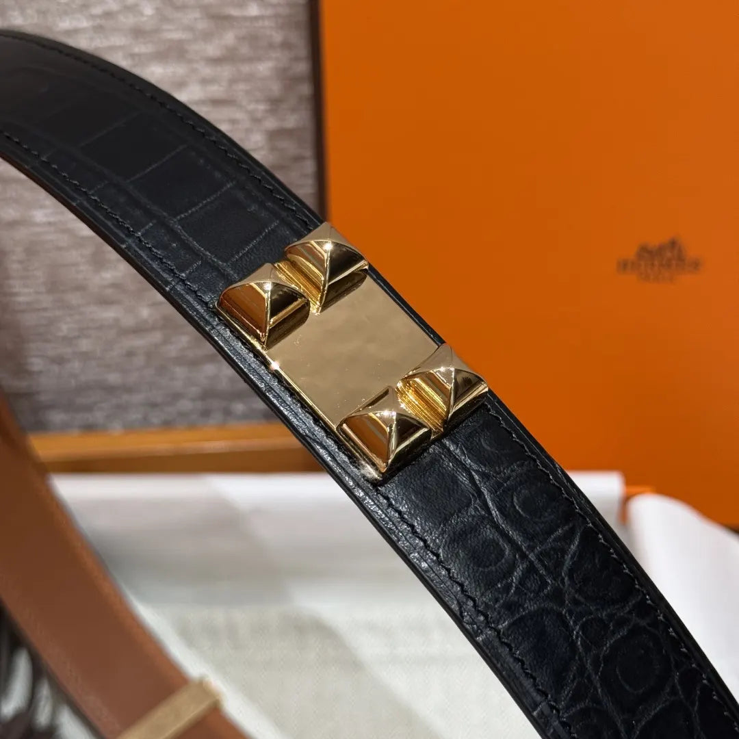 gold pyramid Hermes Black Alligator Belt - Hình 6