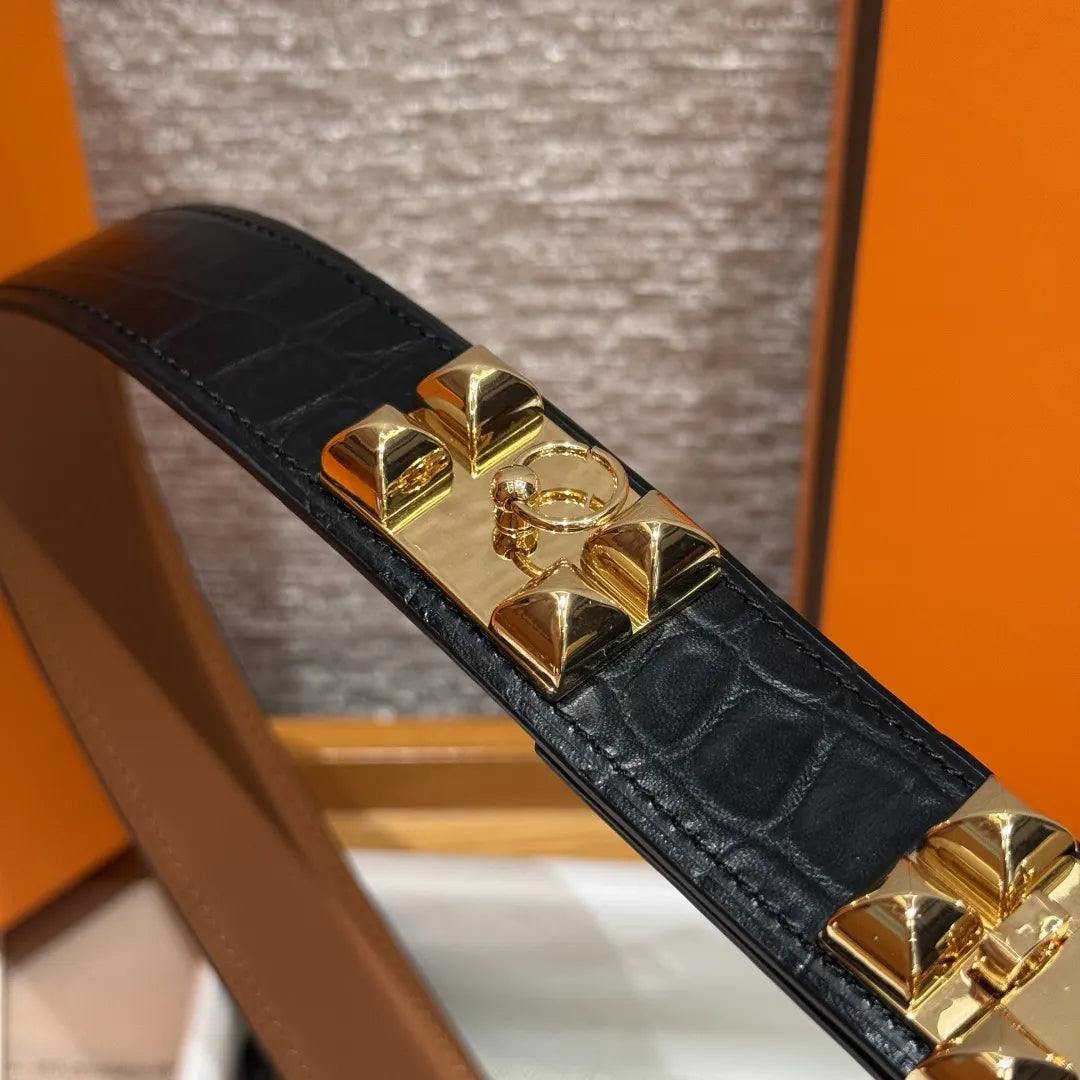 gold pyramid Hermes Black Alligator Belt - Hình 7