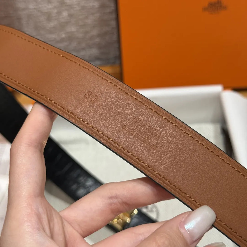 gold pyramid Hermes Black Alligator Belt - Hình 9