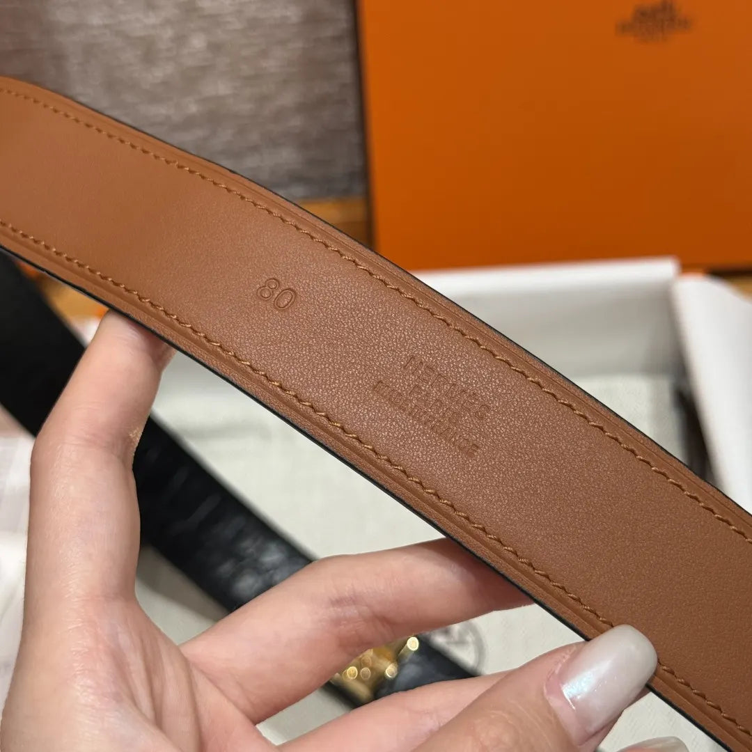 gold pyramid Hermes Black Alligator Belt - Hình 9