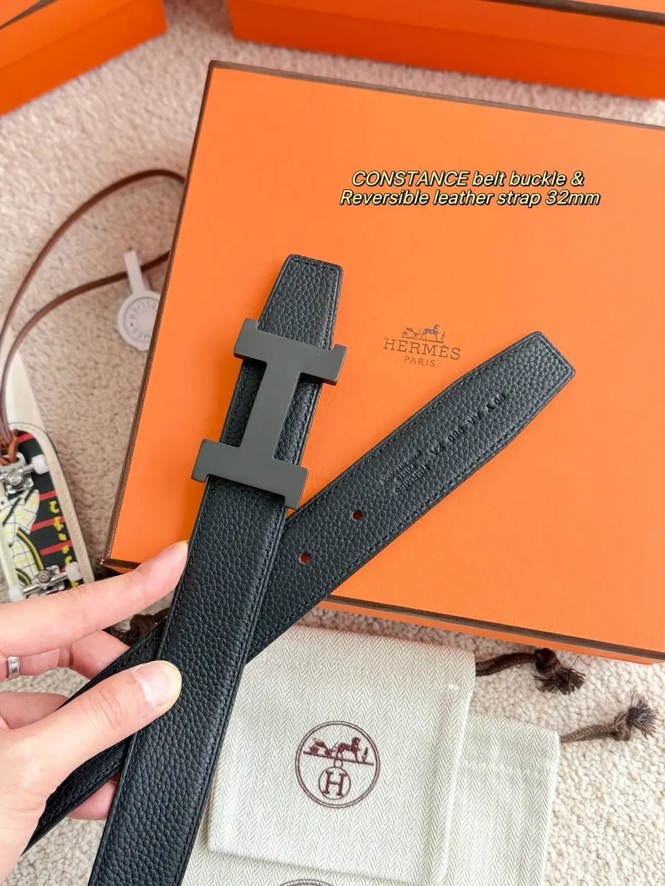 designer Hermes Matte Black Constance Belt - Hình 3