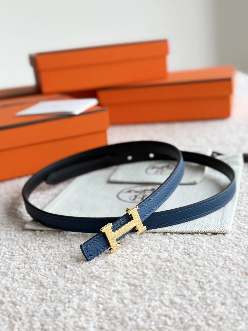 Hermes Blue Leather Belt gold