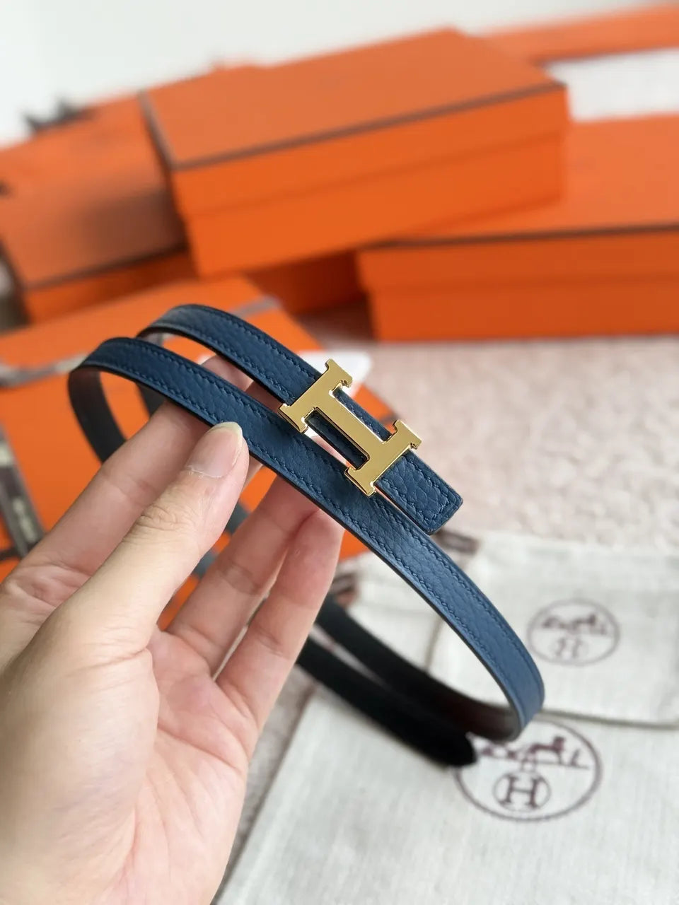 Hermes Blue Leather Belt gold - Hình 2